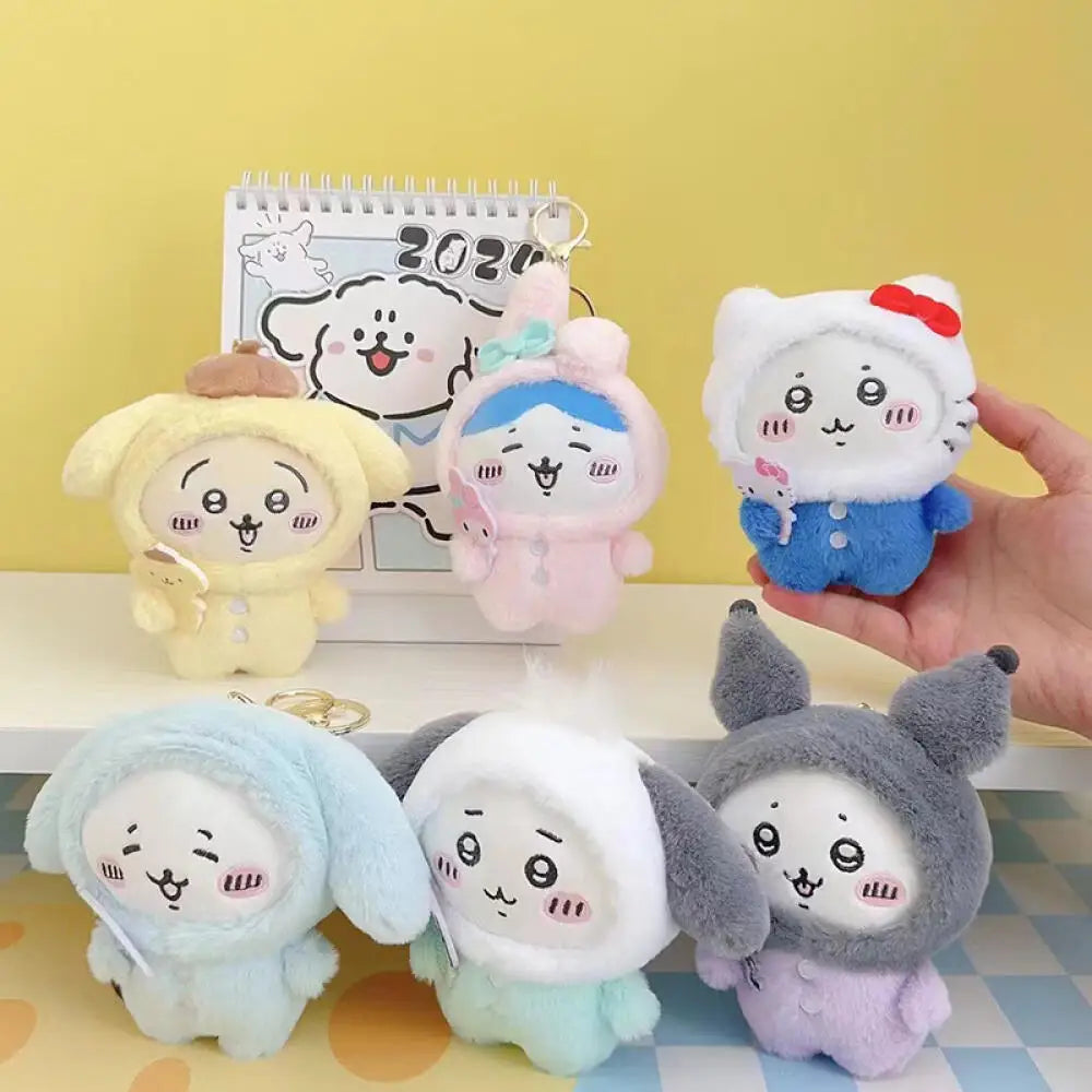 Random One Chiikawa Cosplay Sanrio Plush Doll Keychain Hello Kitty Kuromi Head Cover Usagi Cartoon Doll Keychains Bag Pendants