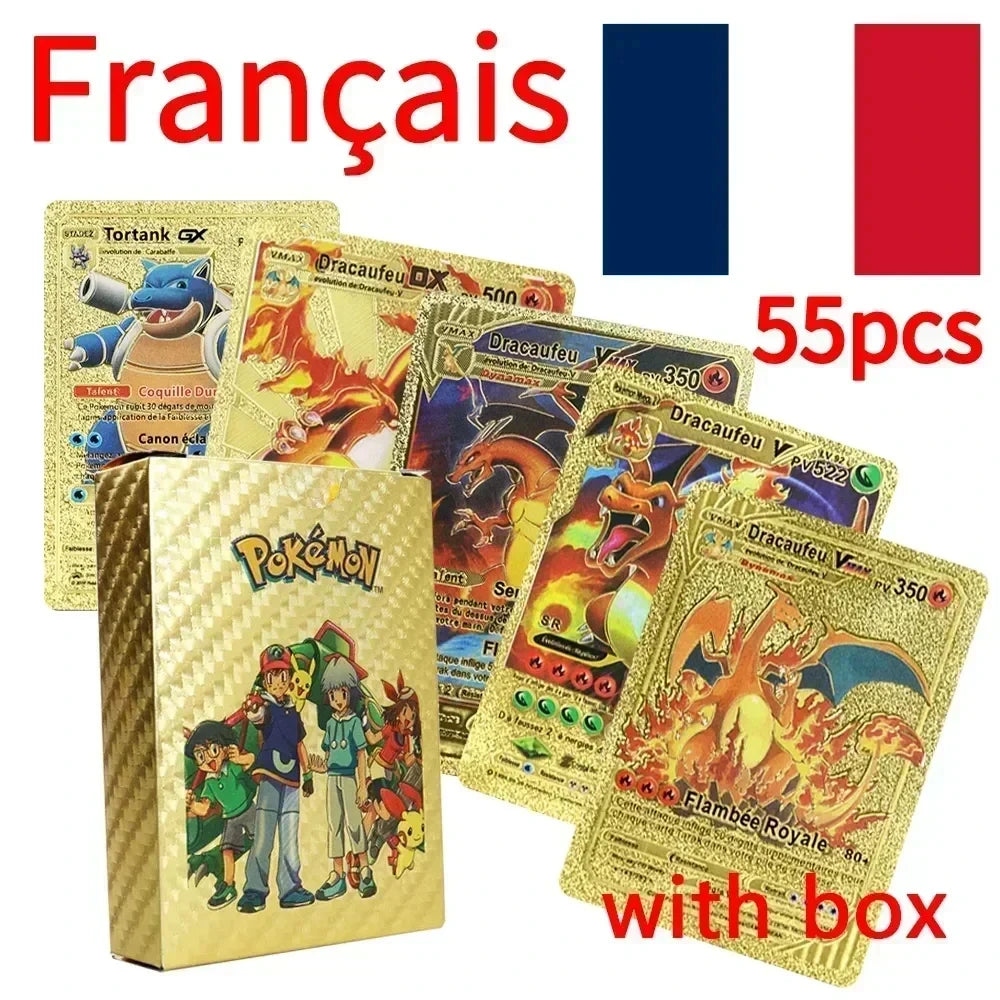 Pokemon Colorful Card 55 Pcs Charizard Mewtwo Pikachu VMAX GX VSTAR Spanish English German Korean French Gold Foil Card