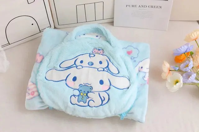 Sanrio Kawaii Cinnamoroll Kuromi My Melody Handbag Blanket Cartoon Anime Figure Portable Pillow Nap Air Conditioner Blankets