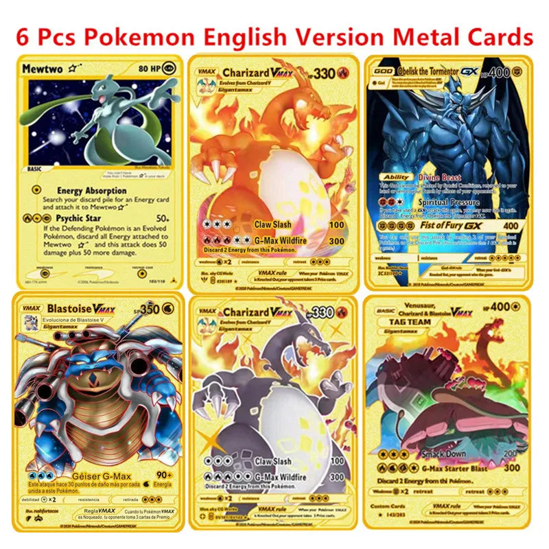 6-12 Pcs/Set  English Version Pokemon Metal Card Pikachu Anime Figure Battle Carte Trading Pocket Monster Cards Model Toy Gifts