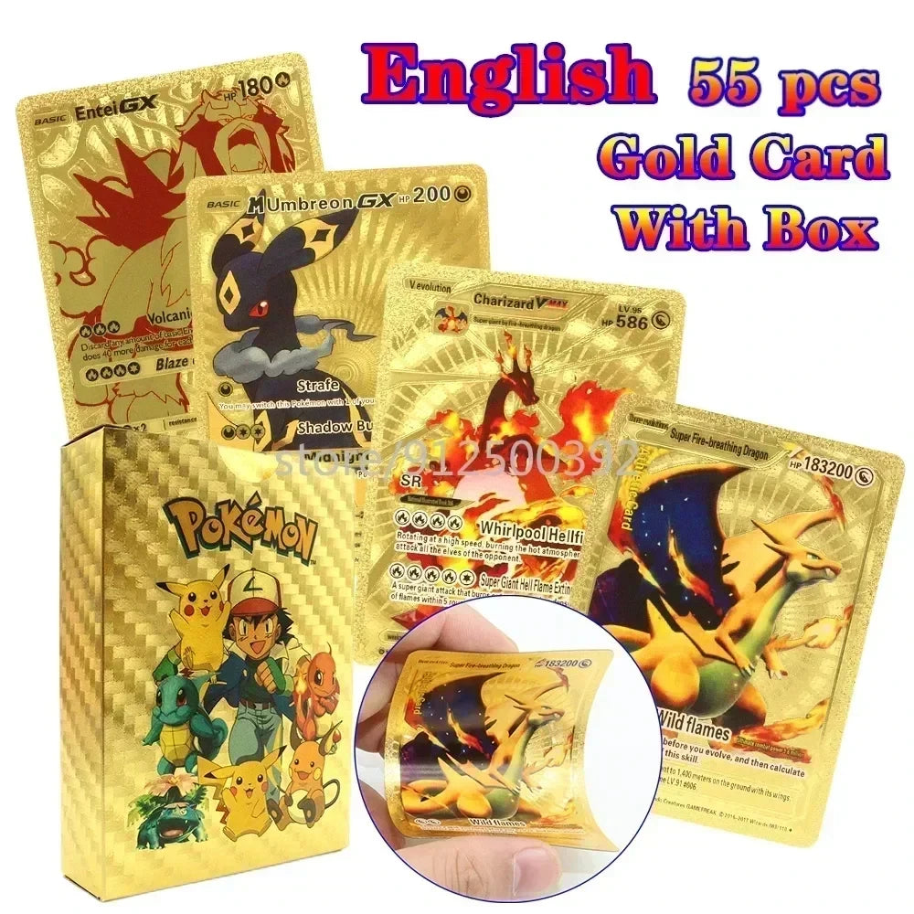 Pokemon Colorful Card 55 Pcs Charizard Mewtwo Pikachu VMAX GX VSTAR Spanish English German Korean French Gold Foil Card