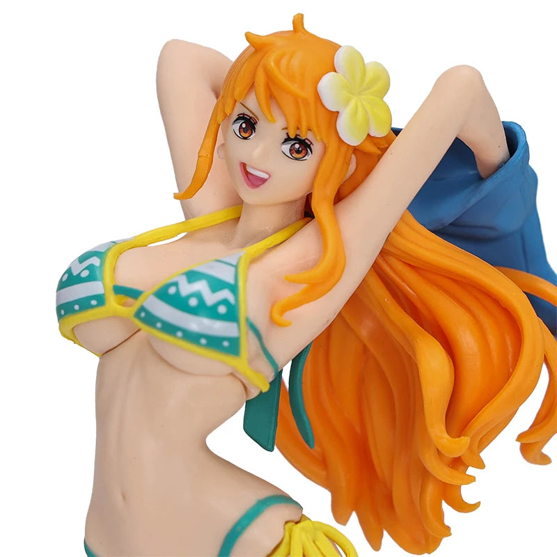 One Piece Nami Figures Anime Girl's On Vacation Beach Nami Red Green Collection Figurine Toy PVC Standing Ornament Doll