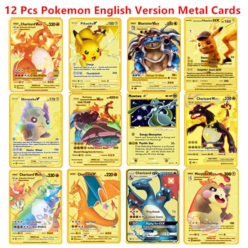 6-12 Pcs/Set  English Version Pokemon Metal Card Pikachu Anime Figure Battle Carte Trading Pocket Monster Cards Model Toy Gifts