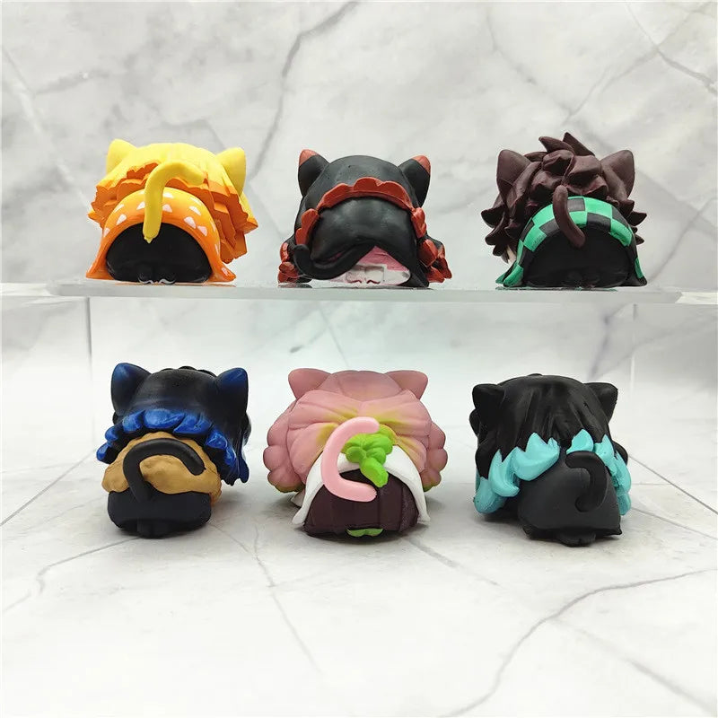 6Pcs/1 Set Anime Demon Slayer Kamado Nezuko Tanjirou Agatsuma Zenitsu PVC Q Version Napping Cat Inosuke Prone Pose Model Toy