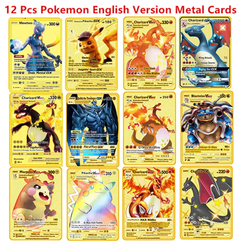 6-12 Pcs/Set  English Version Pokemon Metal Card Pikachu Anime Figure Battle Carte Trading Pocket Monster Cards Model Toy Gifts