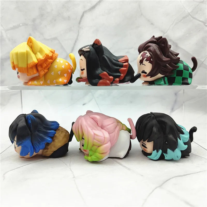 6Pcs/1 Set Anime Demon Slayer Kamado Nezuko Tanjirou Agatsuma Zenitsu PVC Q Version Napping Cat Inosuke Prone Pose Model Toy