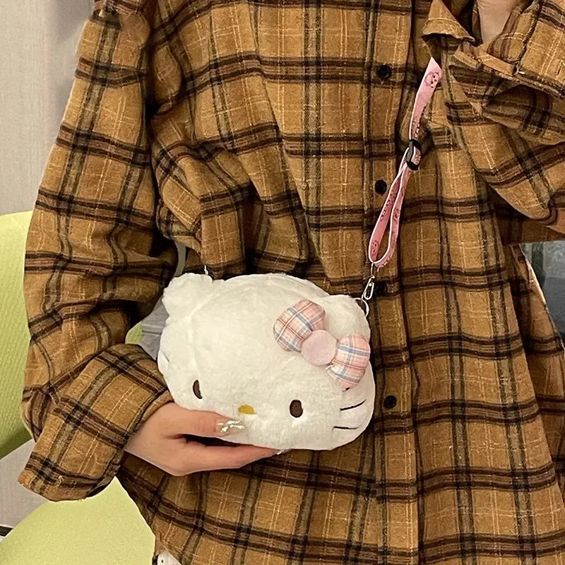 Miniso Cute Cartoon Hello Kitty Bow Crossbody Bag For Women Kawaii Fashion Plush White Kt Cat Shoulder Bag For Girls Kids Gifts