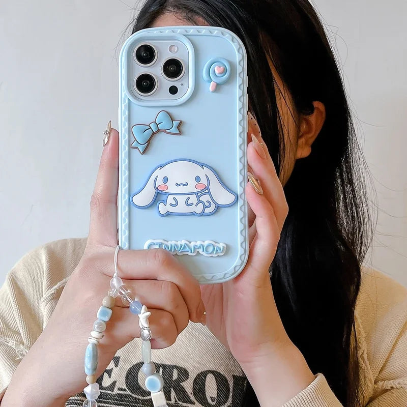 3D Cute Cartoon Sanrio Cinnamoroll Balloon bow Phone Case For iPhone 16 15 14 13 Pro Max dustproof Soft Cover With Lanyard