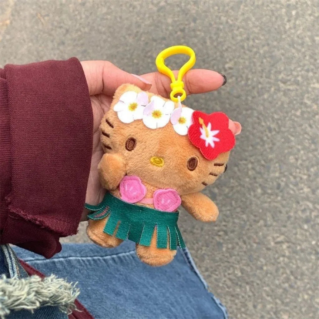 10 styles Hello Kitty Sanrio Hawaiian Series Plush Doll Filling Keychain Dark Skin Cartoon Plush Toy Pendant Cute Birthday Gift