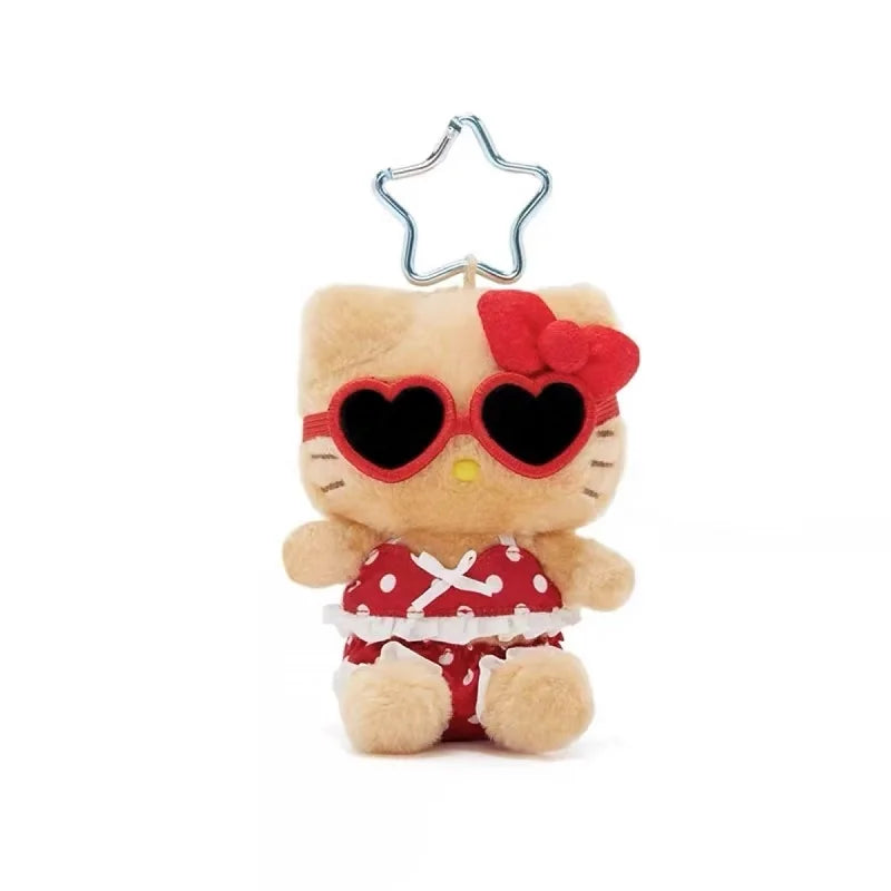 New Sanrio Vacation Series Hellokitty Girly Heart Plush Car Keychain Children'S School Bag Pendant Peripheral Anime Holiday Gift