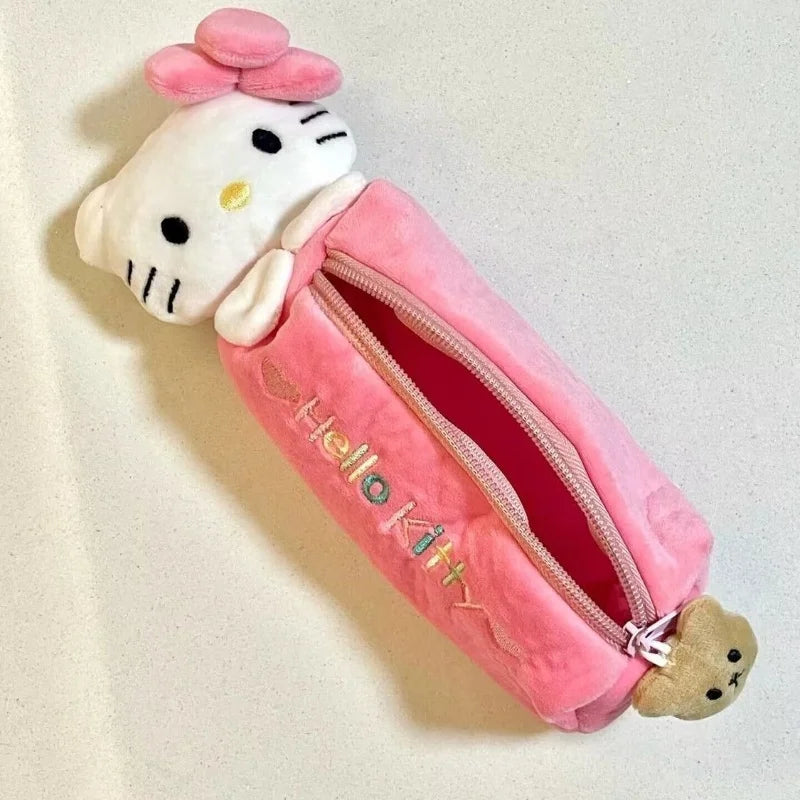 Girls heart ins style cute cartoon plush cat clutch student portable pencil bag pink girls stationery bag