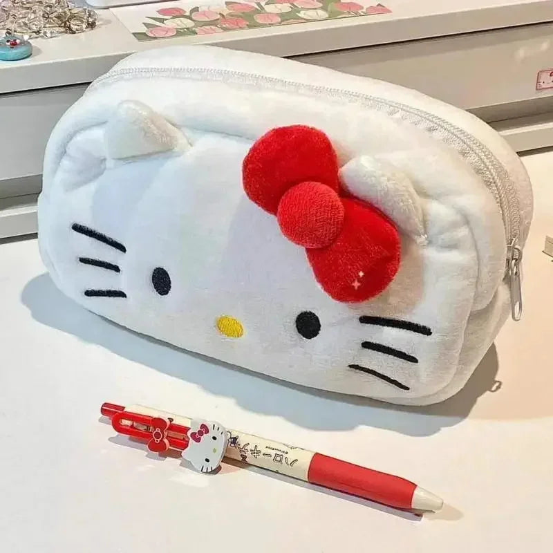 Kawaii Cartoon Hello Kitty Plush Stationery Pencil Box Fashion Cute Japanese Girls Large Capacity Pencil Case Student Supplies