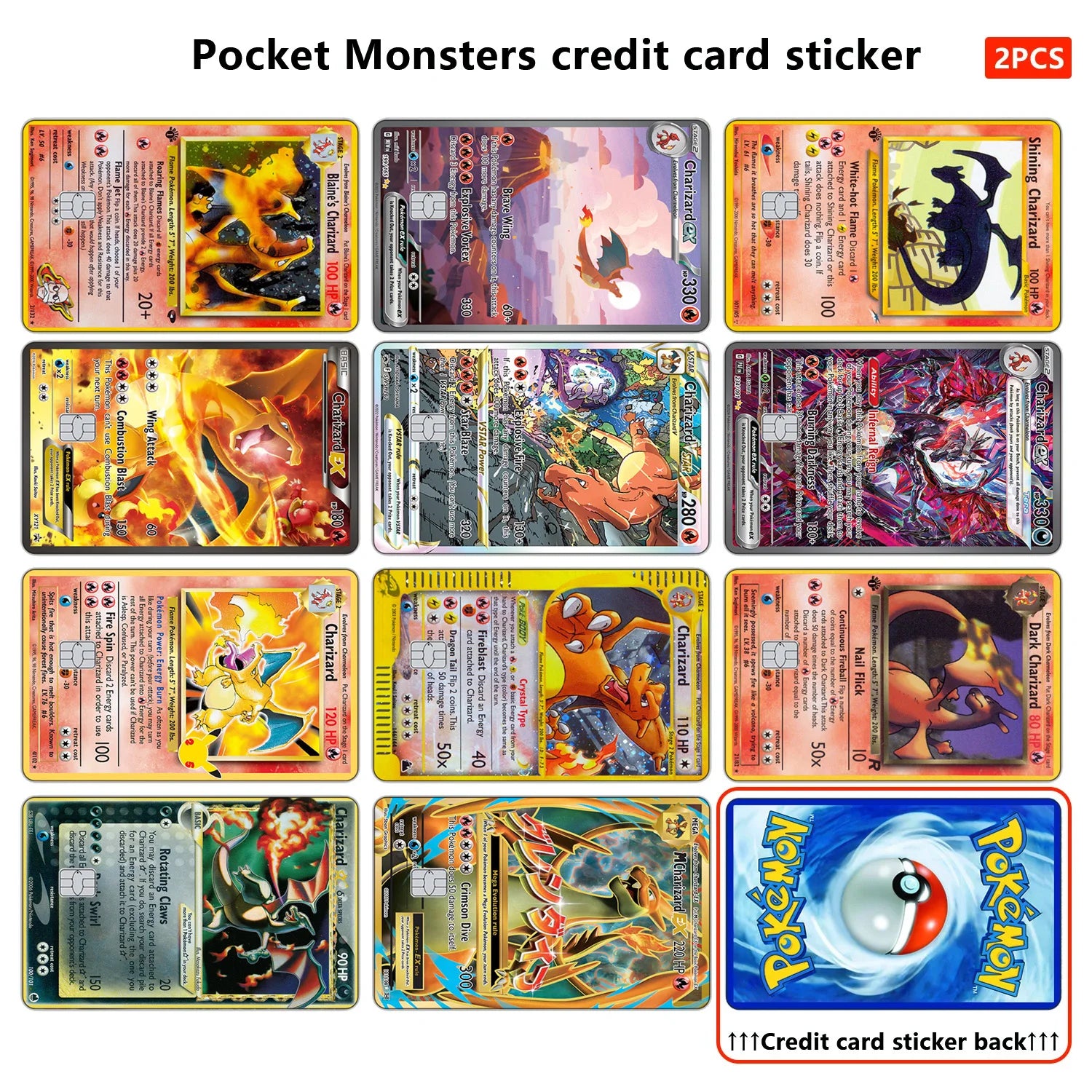 27 Options Available PTCG Charizard Credit Card Skin Sticker Anti-degaussing No Adhesive Residue for VISA Card Debit Card Anime