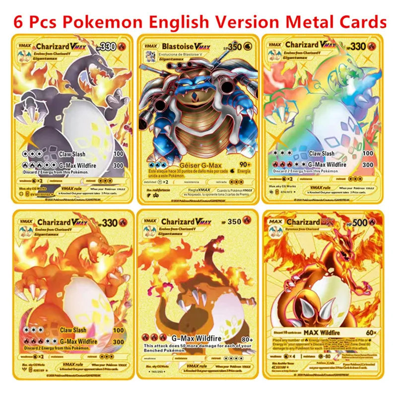 6-12 Pcs/Set  English Version Pokemon Metal Card Pikachu Anime Figure Battle Carte Trading Pocket Monster Cards Model Toy Gifts