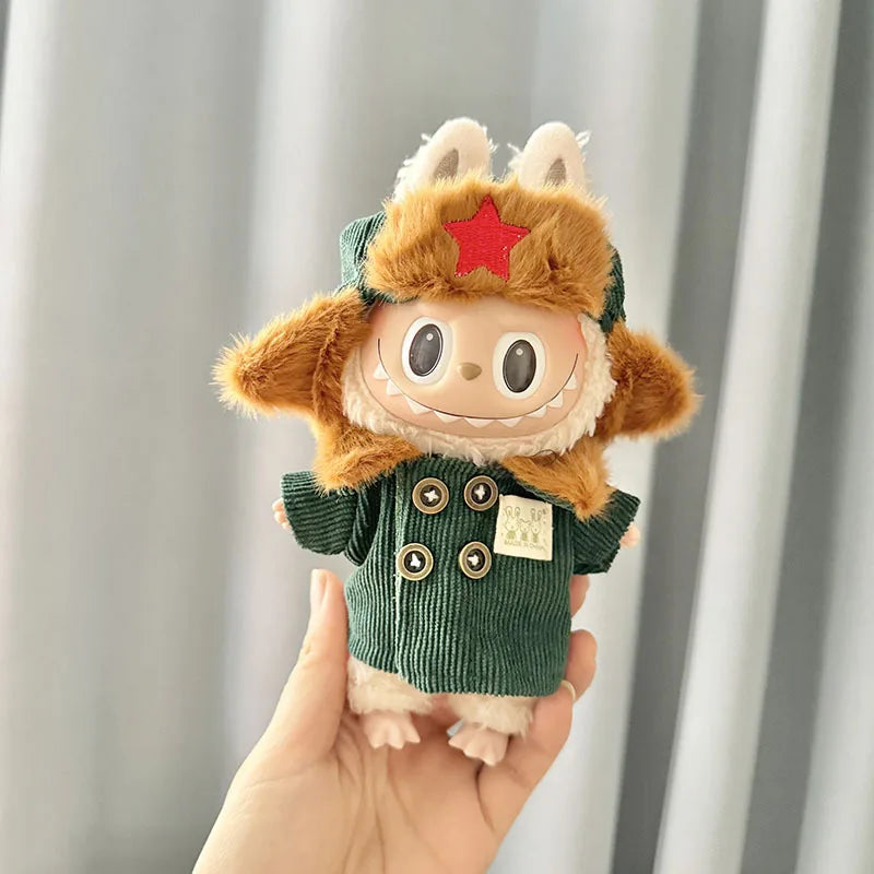 17cm Plush Doll's Clothes The Monster Labubu Outfit Accessories Clothing DIY Lei Feng Army Green Coat Red Star Hat