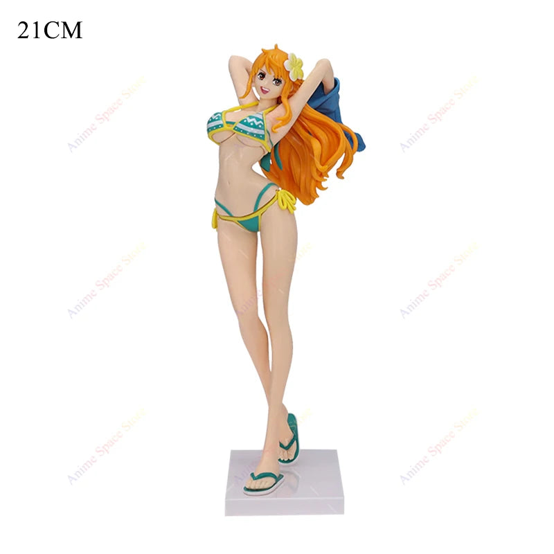 One Piece Nami Figures Anime Girl's On Vacation Beach Nami Red Green Collection Figurine Toy PVC Standing Ornament Doll