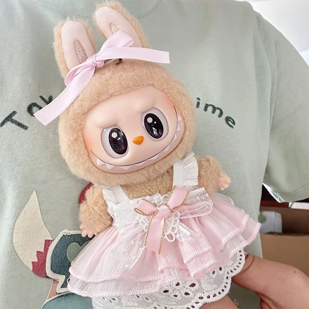 17cm Mini Plush Doll'S Clothes Outfit Accessories For Korea Kpop Labubu Idol Pink bright silk bow princess gauze skirt Clothing