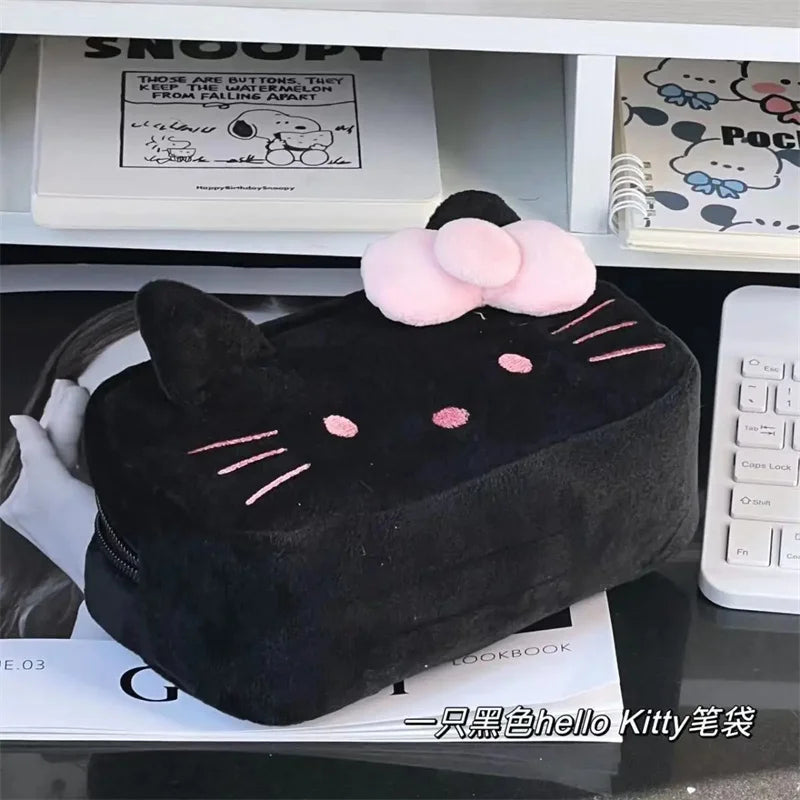 Kawaii Cartoon Hello Kitty Plush Stationery Pencil Box Fashion Cute Japanese Girls Large Capacity Pencil Case Student Supplies