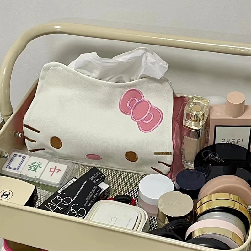 Sanrio Hello Kiity Paper Napkin Case Cartoon Kt Cat Tissue Box Cute PU Leather Animals Home Car Paper Storage Boxes Girls Gifts