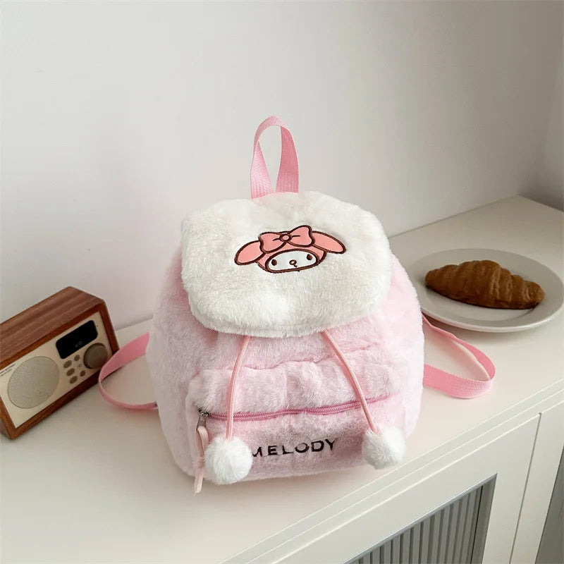 Cute Cartoon Kuromi Hello Kitty Plush Backpack Kawaii Melody Large Capacity Flip Style Student School Bag Girls Children Gifts
