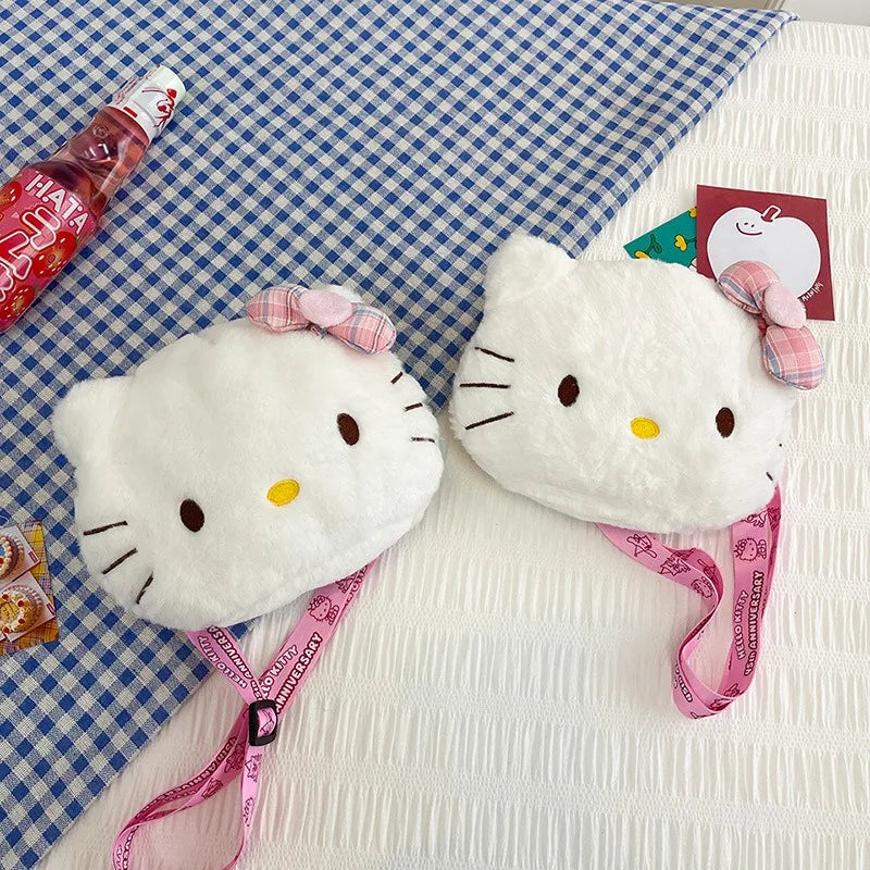 Miniso Cute Cartoon Hello Kitty Bow Crossbody Bag For Women Kawaii Fashion Plush White Kt Cat Shoulder Bag For Girls Kids Gifts
