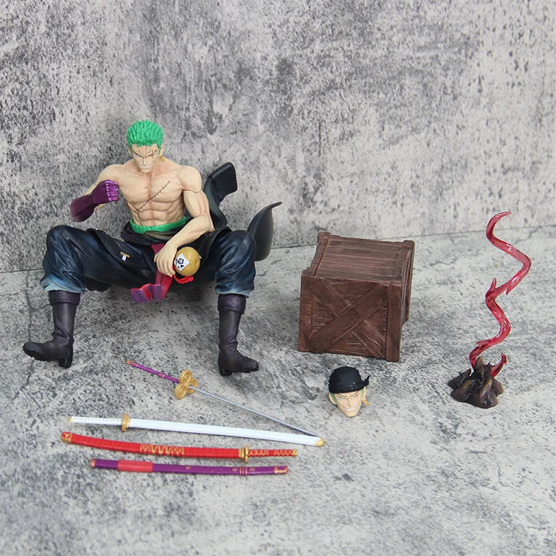 15cm One Piece Zoro Anime Figures Sit Roronoa Zoro Action Figurine 2 Heads Pvc Statue Room Collection Model Decoration Toys Gift