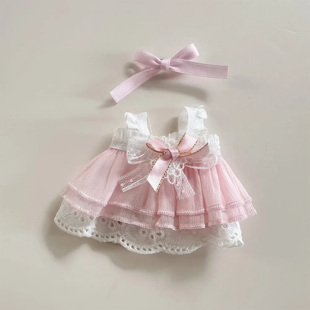 17cm Mini Plush Doll'S Clothes Outfit Accessories For Korea Kpop Labubu Idol Pink bright silk bow princess gauze skirt Clothing