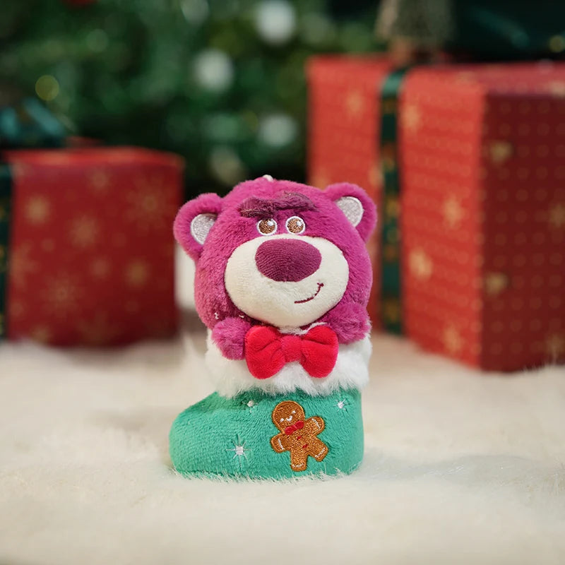 Disney Christmas Stitch, Lotso & Winnie Plush Keychain Set Holiday Themed Bag Charm Gift Cute Backpack Decor for Kids & Fans