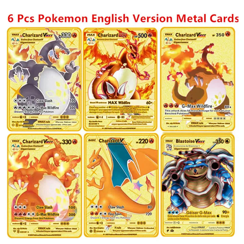 6-12 Pcs/Set  English Version Pokemon Metal Card Pikachu Anime Figure Battle Carte Trading Pocket Monster Cards Model Toy Gifts