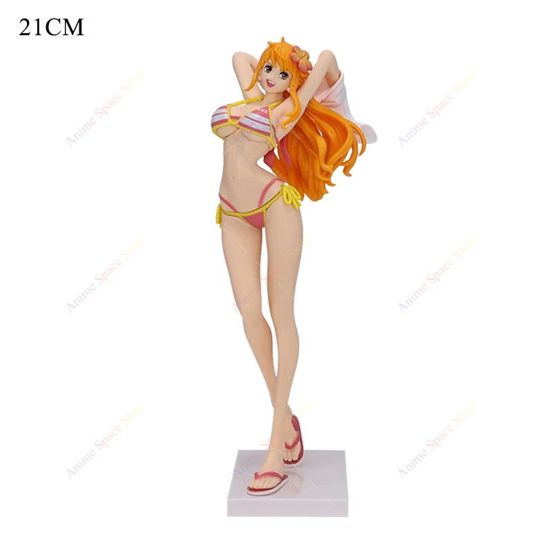 One Piece Nami Figures Anime Girl's On Vacation Beach Nami Red Green Collection Figurine Toy PVC Standing Ornament Doll
