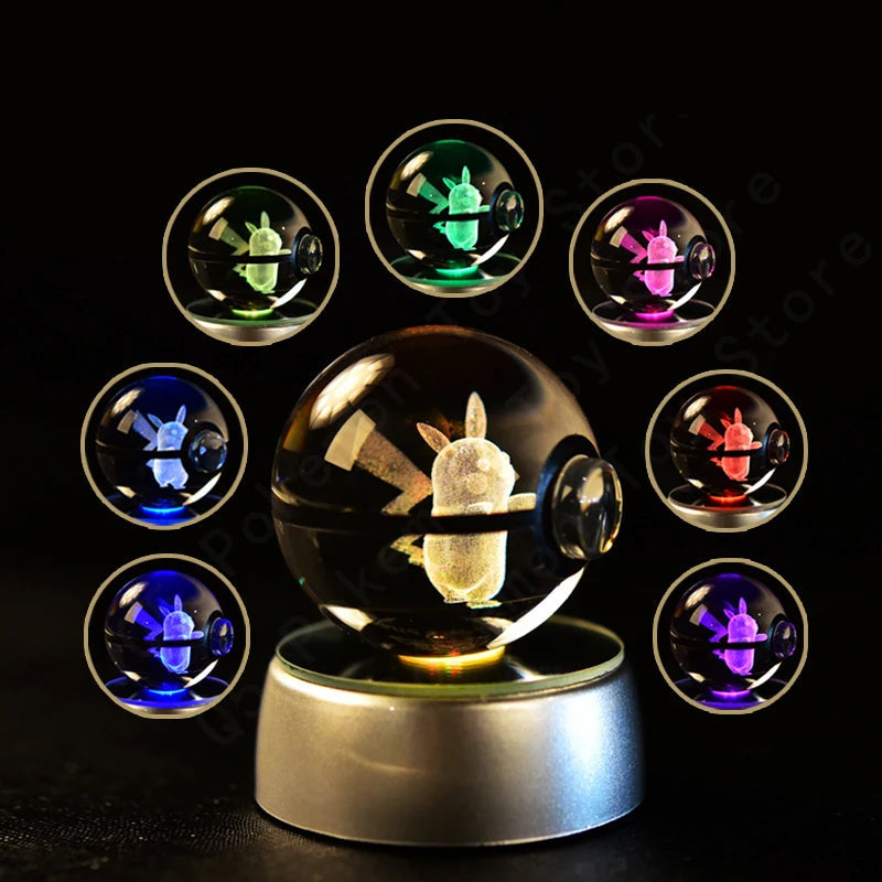 Pokemon 3D Crystal Ball Pikachu Gengar Mew Mewtwo Figurines Lamp Base Pokeball 3D Pokemon Glass Ball Statue Kids Birthday Gift