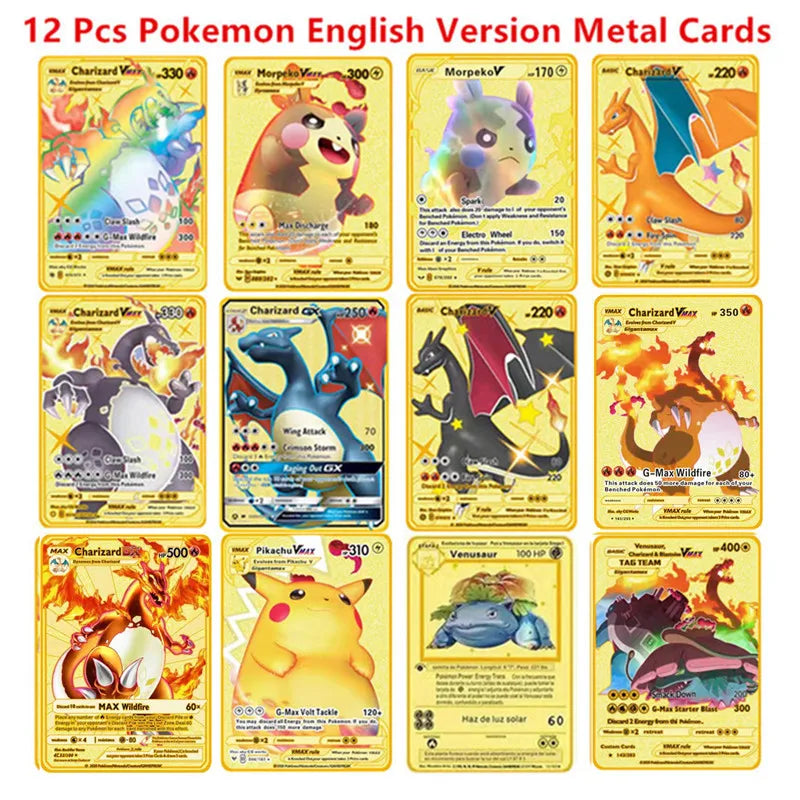 6-12 Pcs/Set  English Version Pokemon Metal Card Pikachu Anime Figure Battle Carte Trading Pocket Monster Cards Model Toy Gifts