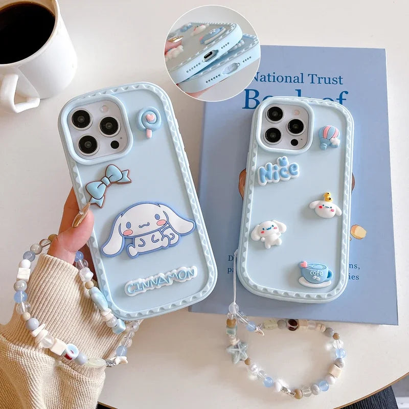 3D Cute Cartoon Sanrio Cinnamoroll Balloon bow Phone Case For iPhone 16 15 14 13 Pro Max dustproof Soft Cover With Lanyard