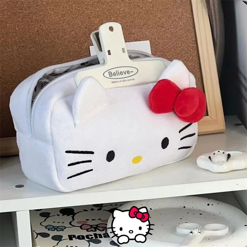 Kawaii Cartoon Hello Kitty Plush Stationery Pencil Box Fashion Cute Japanese Girls Large Capacity Pencil Case Student Supplies