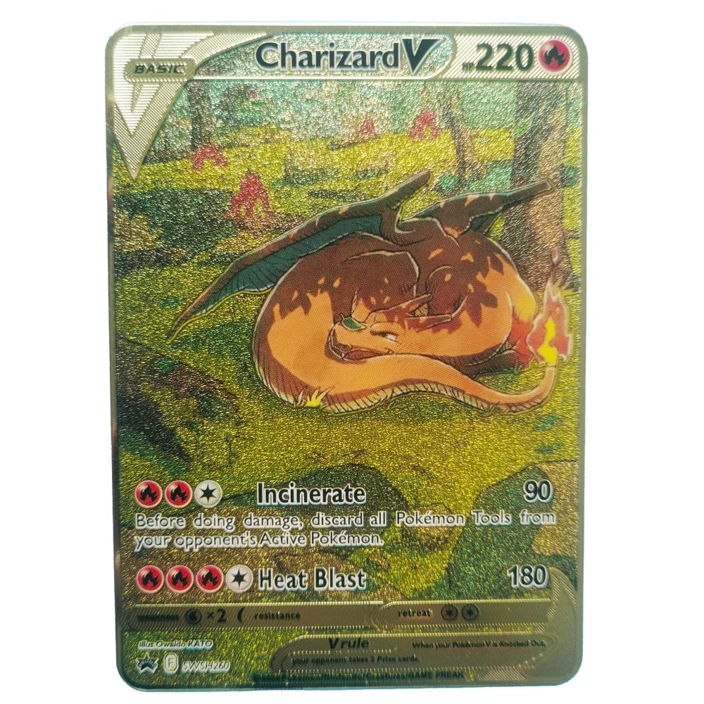 2024 Pokemon English Metal Card Anime Pikachu Charizard Mewtwo Blastoise Vmax Shiny Letters Game Collection Card Kids Toy Gifts