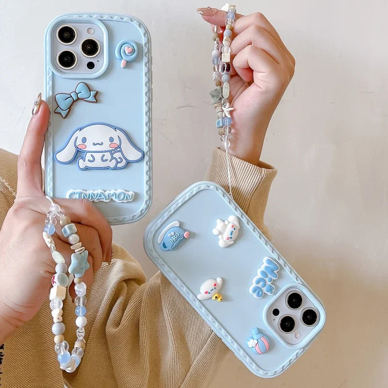 3D Cute Cartoon Sanrio Cinnamoroll Balloon bow Phone Case For iPhone 16 15 14 13 Pro Max dustproof Soft Cover With Lanyard
