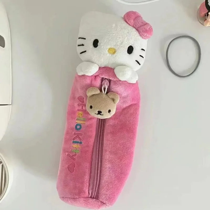 Girls heart ins style cute cartoon plush cat clutch student portable pencil bag pink girls stationery bag