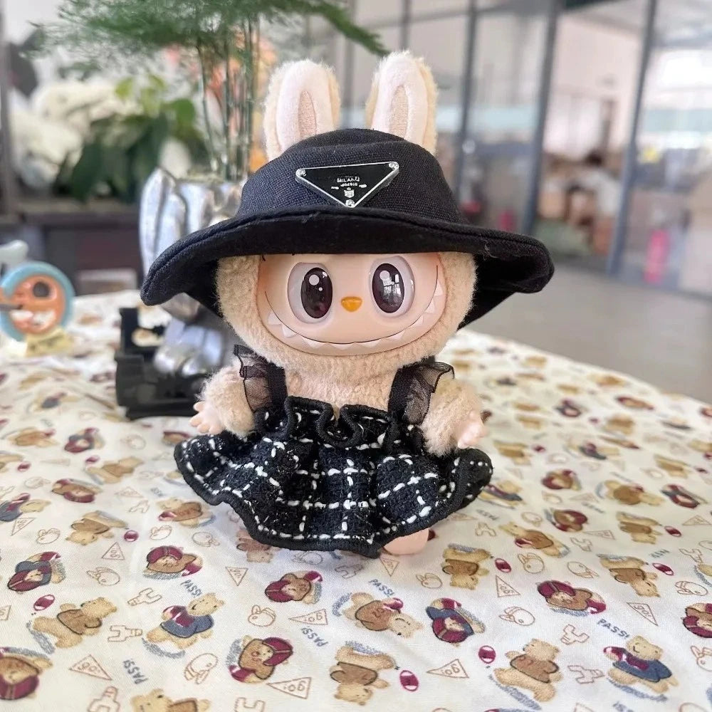 For 17cm Labubu Doll Clothes Set V1 V2 Doll Clothing Accessories Black & White Simple Fragrant Skirt & Hat Outfit