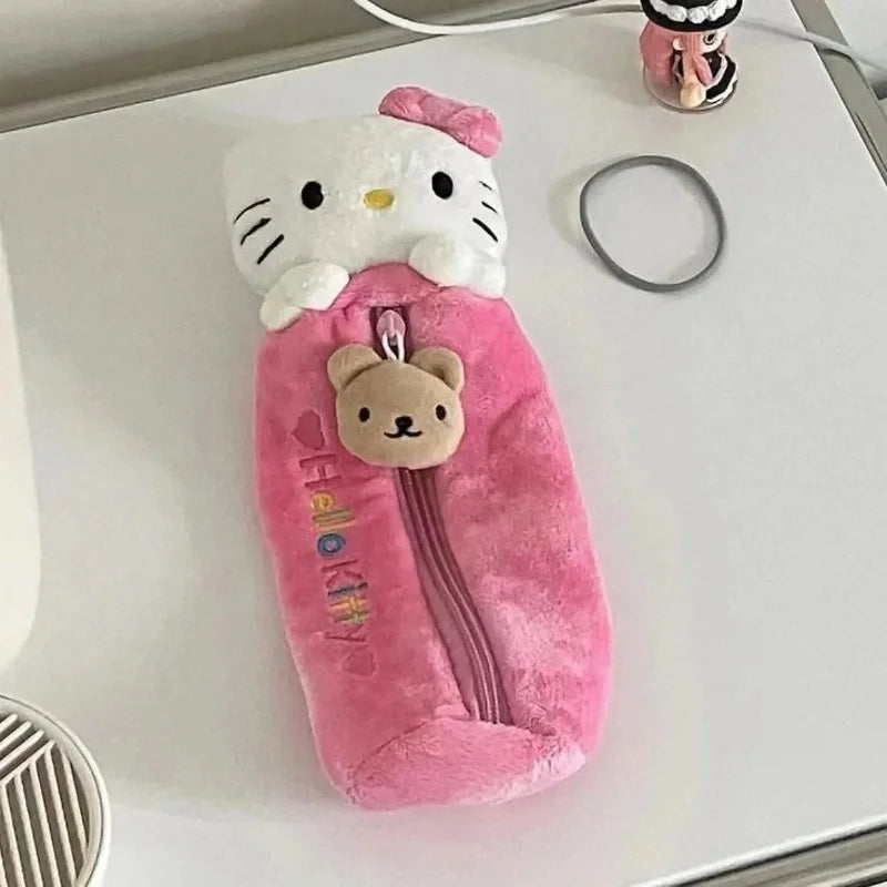 Girls heart ins style cute cartoon plush cat clutch student portable pencil bag pink girls stationery bag