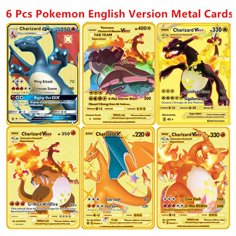 6-12 Pcs/Set  English Version Pokemon Metal Card Pikachu Anime Figure Battle Carte Trading Pocket Monster Cards Model Toy Gifts