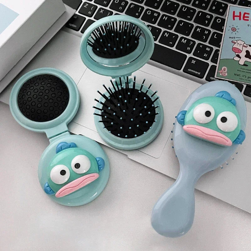Kawaii Hangyodon Girl Air Cushion Comb Anime Sanrios Compact Portable Travel Mini Massage Mirror Folding Hair Brush Beauty Tools