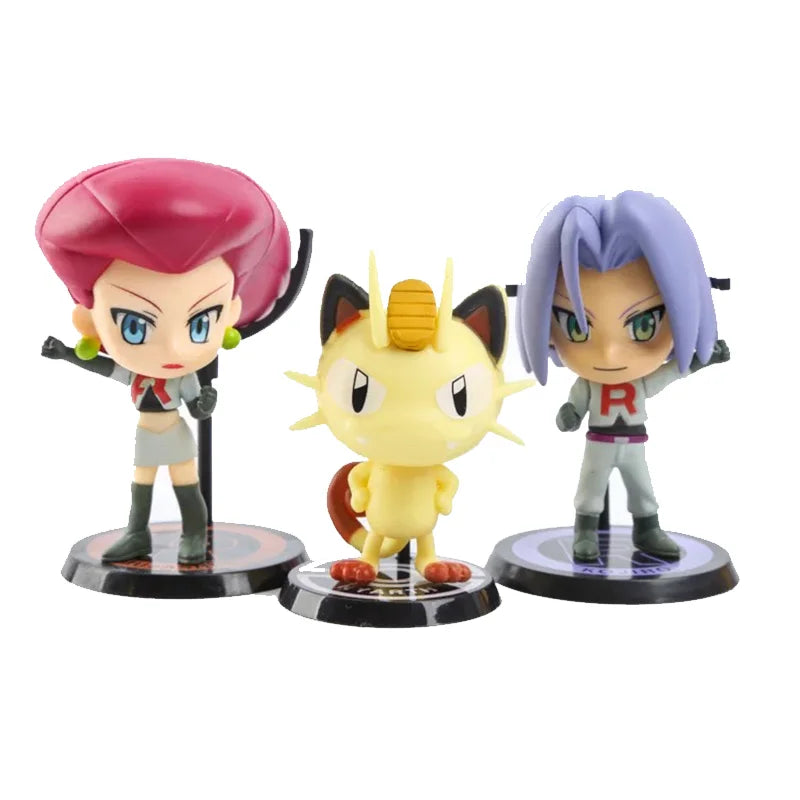6pcs Tomy Pokemon Big Head Elf Kanto Region Ash Ketchum Johto Region Rocket Team Jessie James Meowth Action Figure Model Toys