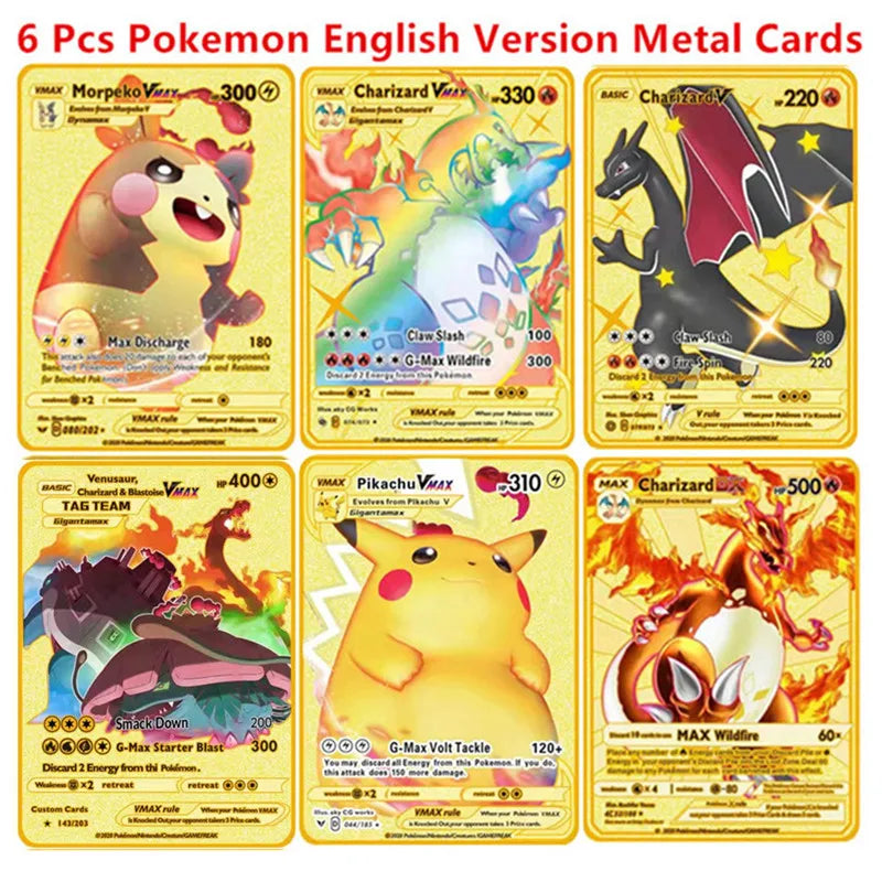 6-12 Pcs/Set  English Version Pokemon Metal Card Pikachu Anime Figure Battle Carte Trading Pocket Monster Cards Model Toy Gifts