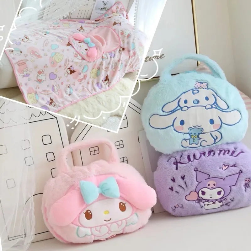Sanrio Kawaii Cinnamoroll Kuromi My Melody Handbag Blanket Cartoon Anime Figure Portable Pillow Nap Air Conditioner Blankets