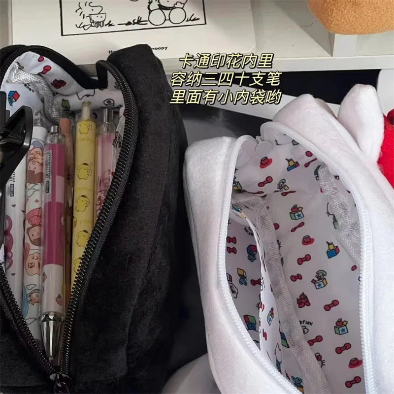 Kawaii Cartoon Hello Kitty Plush Stationery Pencil Box Fashion Cute Japanese Girls Large Capacity Pencil Case Student Supplies