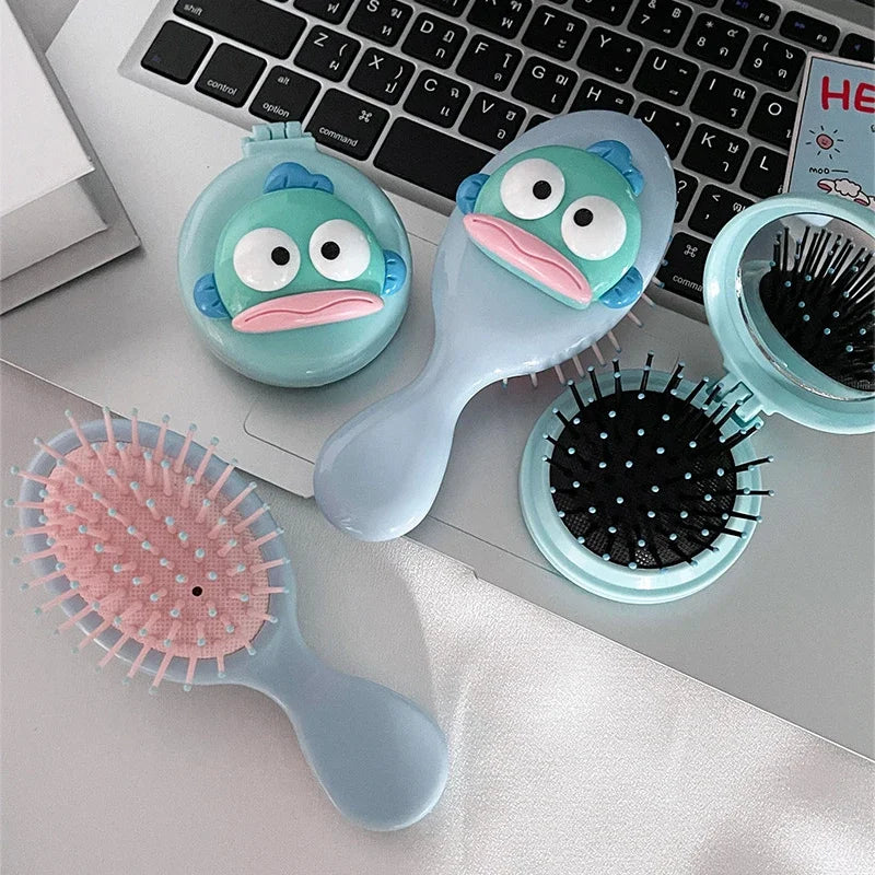 Kawaii Hangyodon Girl Air Cushion Comb Anime Sanrios Compact Portable Travel Mini Massage Mirror Folding Hair Brush Beauty Tools