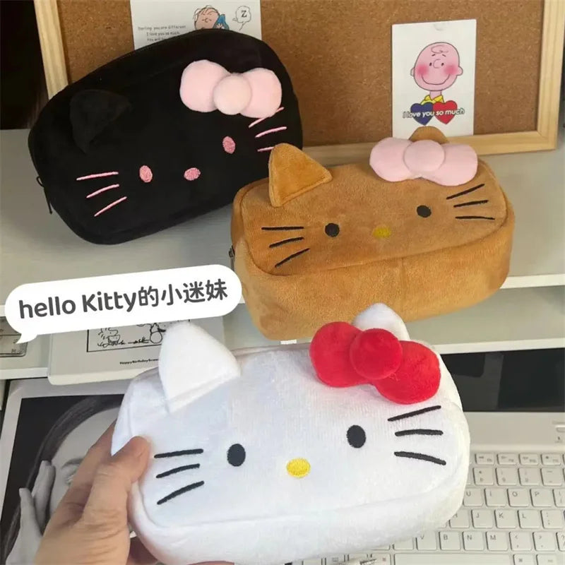 Kawaii Cartoon Hello Kitty Plush Stationery Pencil Box Fashion Cute Japanese Girls Large Capacity Pencil Case Student Supplies