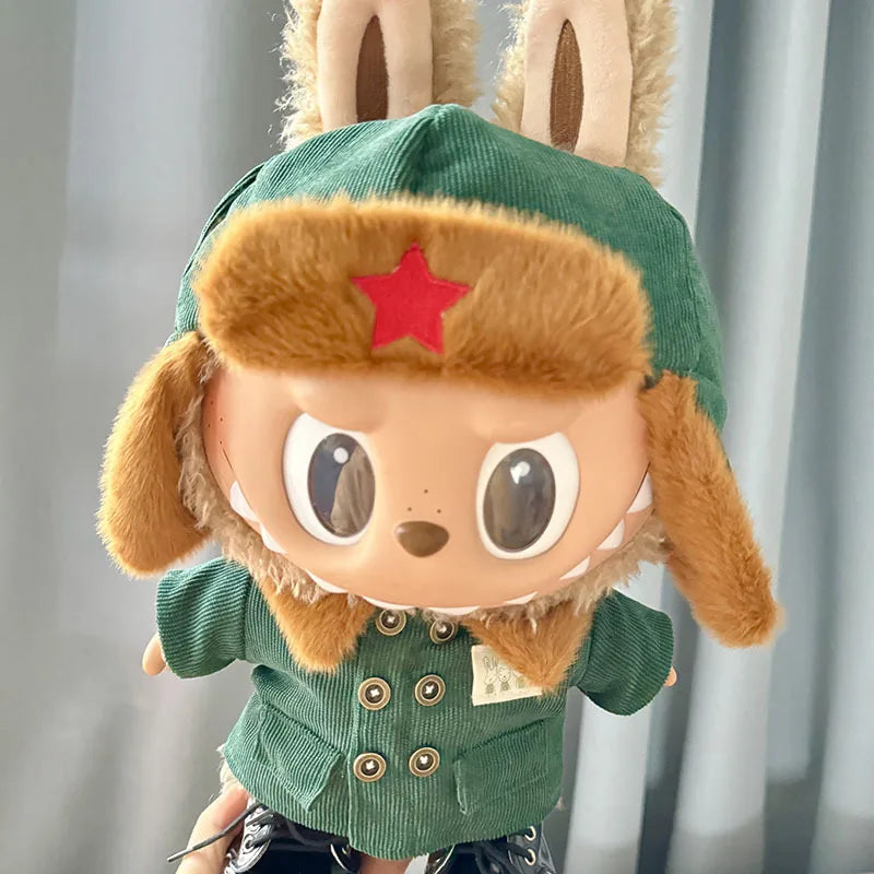 17cm Plush Doll's Clothes The Monster Labubu Outfit Accessories Clothing DIY Lei Feng Army Green Coat Red Star Hat
