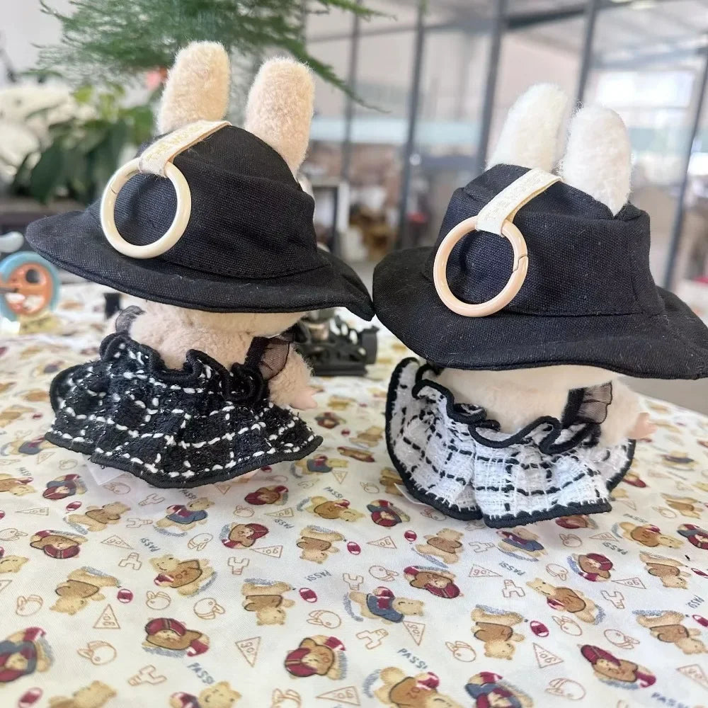 For 17cm Labubu Doll Clothes Set V1 V2 Doll Clothing Accessories Black & White Simple Fragrant Skirt & Hat Outfit