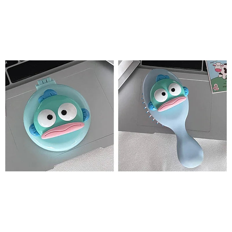 Kawaii Hangyodon Girl Air Cushion Comb Anime Sanrios Compact Portable Travel Mini Massage Mirror Folding Hair Brush Beauty Tools